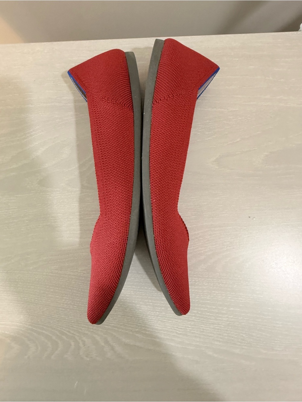 Rothy's Red Pointed-Toe Knit Flats with Blue Trim - Picture 10 of 11